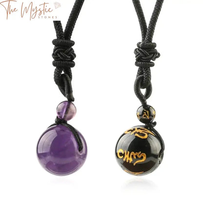 A collection of Natural Reiki Stone Pendant Necklaces featuring vibrant purple crystal pendants.