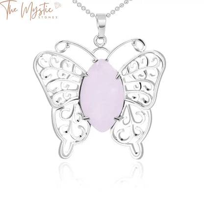 A delicate silver necklace featuring a butterfly-shaped pendant with detailed wings.