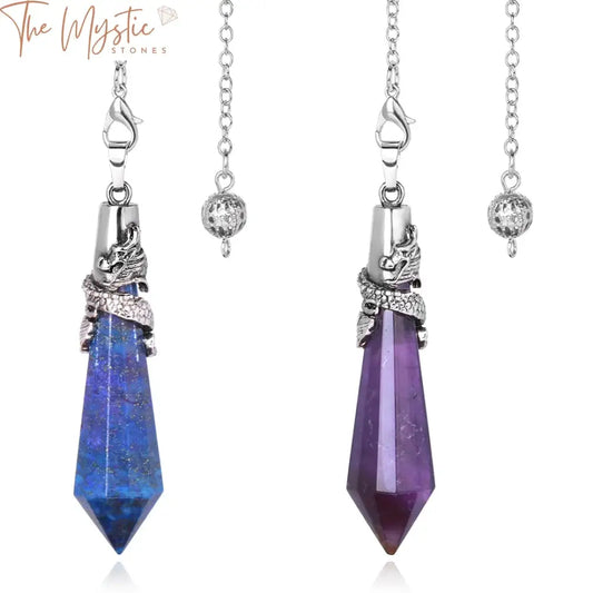 An assortment of Dragon Crystals pendulums, featuring twelve faceted pendants made from natural stone quartz.