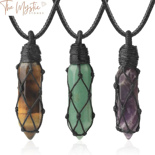 A collection of healing crystal necklaces featuring stone quartz pendants.