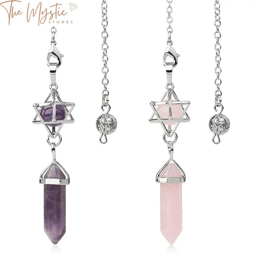 A hexagonal, clear quartz crystal pendulum with smooth, faceted edges is suspended by a delicate silver chain.