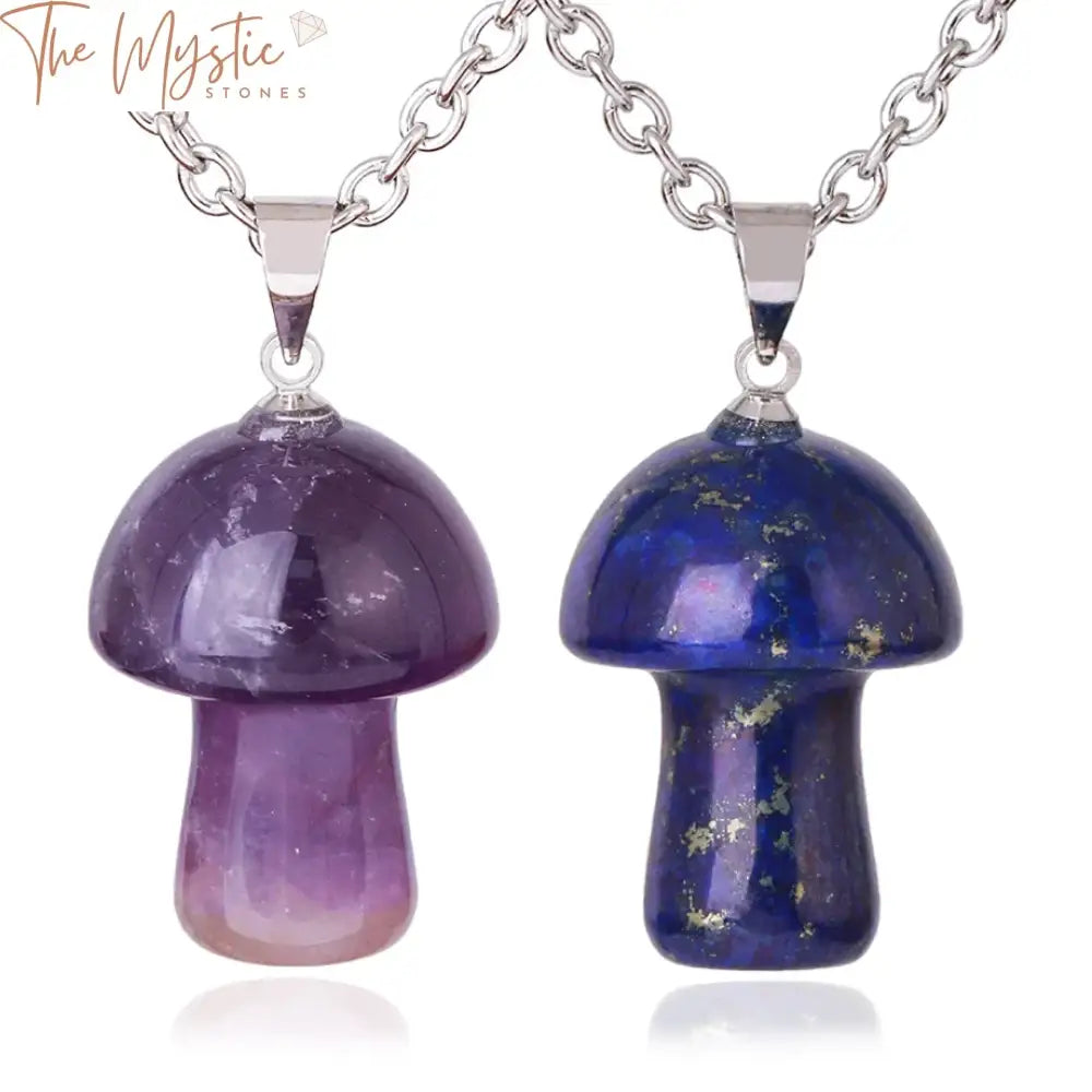 Healing Crystal Mushroom Pendant Necklace featuring a natural stone charm made of pink quartz.