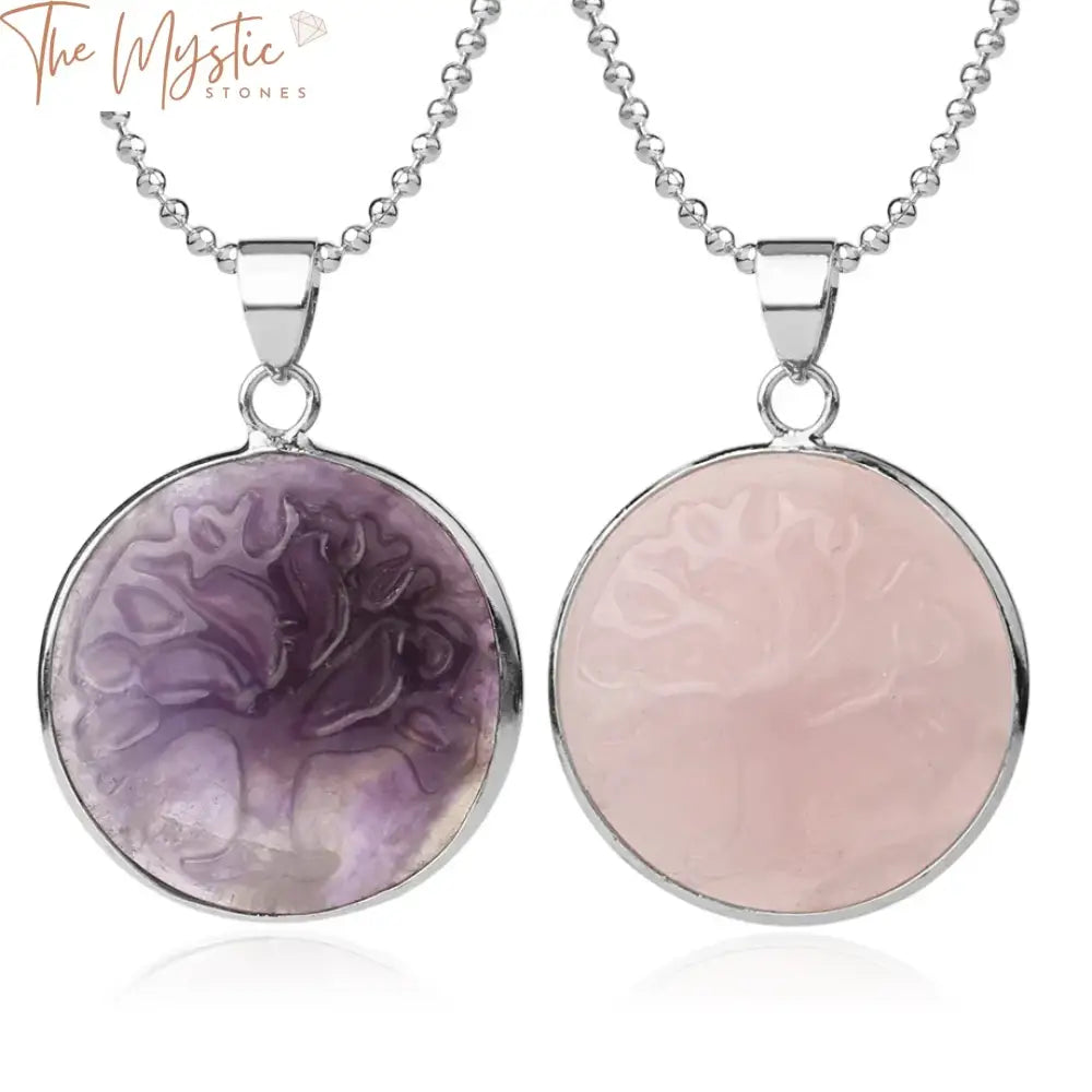 A carved Tree of Life pendant hangs elegantly from a necklace, featuring round beads made of natural stones.