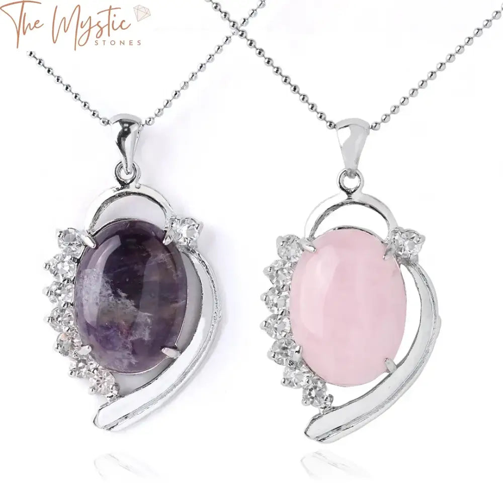 A collection of heart-shaped pendants made from pink quartz crystal, each featuring smooth cabochon surfaces.