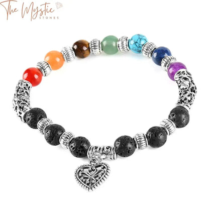 A vibrant bracelet featuring an alternating pattern of colorful beads representing the 7 chakras.