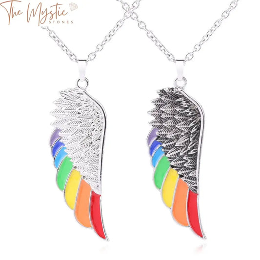 Copper Angel Wing Necklace featuring multicolored rainbow enamel beads, designed in a vintage style.