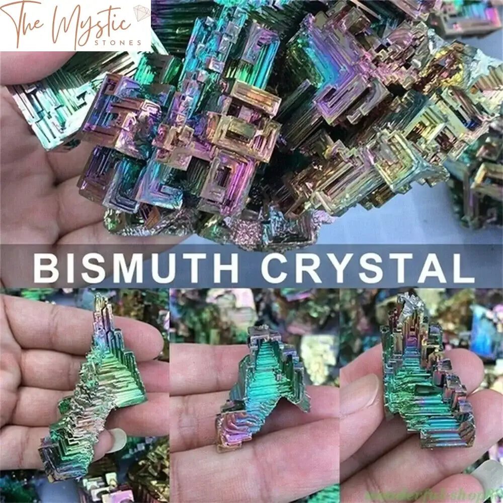 A vibrant and iridescent rainbow titanium bismuth cluster with geometric, stair-step formations.