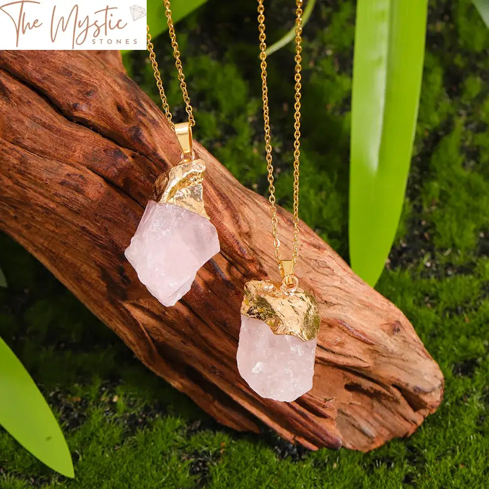 Raw Rose Quartz Crystal Pendant With Gold Plated Cap