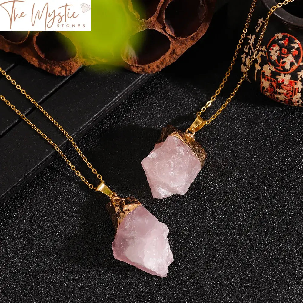 Raw Rose Quartz Crystal Pendant With Gold Plated Cap