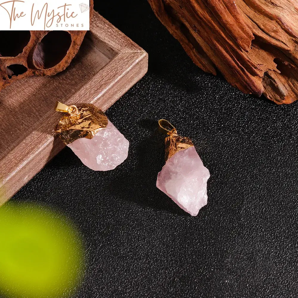 Raw Rose Quartz Crystal Pendant With Gold Plated Cap