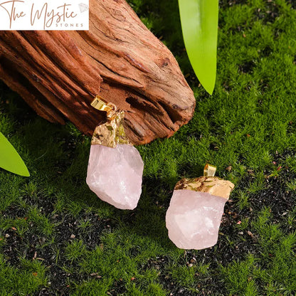 Raw Rose Quartz Crystal Pendant With Gold Plated Cap