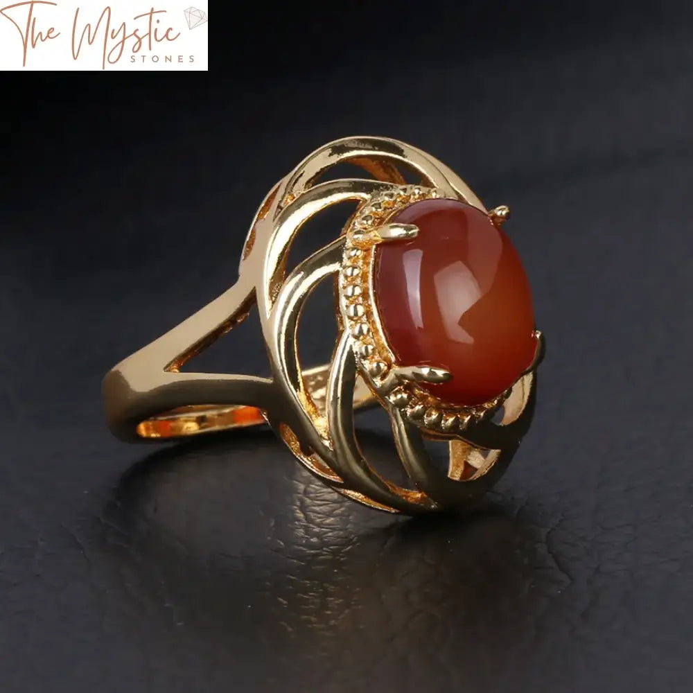 Red Agate Gold Prong Adjustable Ring