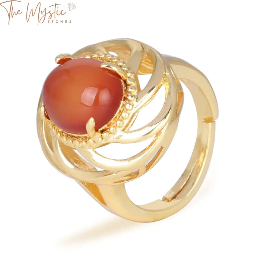 Red Agate Gold Prong Adjustable Ring