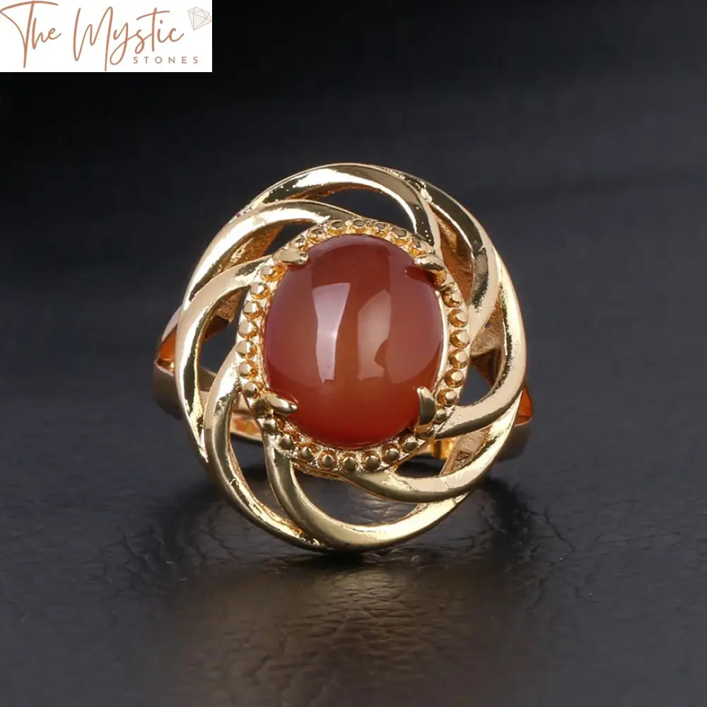 Red Agate Gold Prong Adjustable Ring