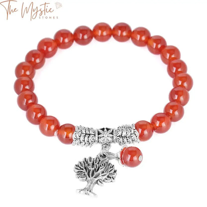 A collection of bracelets featuring raw red onyx gemstone beads arranged in round formations.