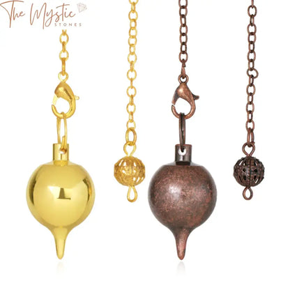 A brass pendulum with a cone-shaped pointed end and a smooth ball top, designed for dowsing and divination practices.