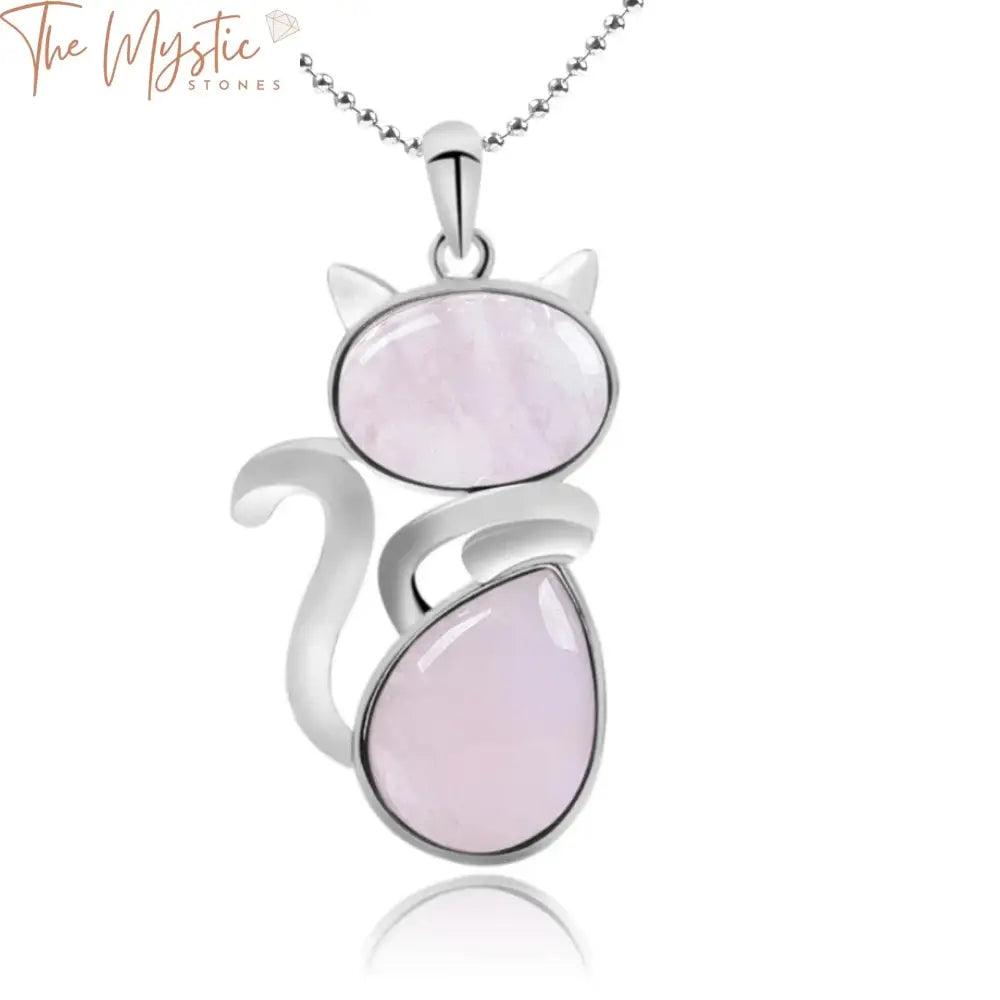 An elegant necklace featuring a cat-shaped pendant made of pink quartz.