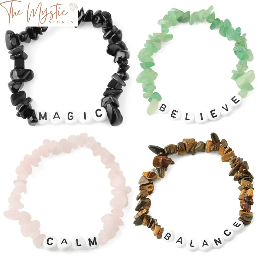 A collection of multicolored natural stone bead bracelets displayed on a white background.