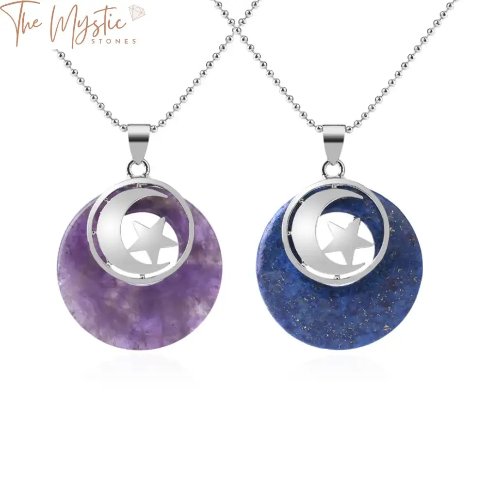 A collection of round natural stone necklaces displayed against a neutral background.