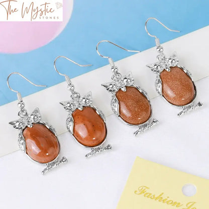 Reiki Owl Natural Stone Drop Earrings