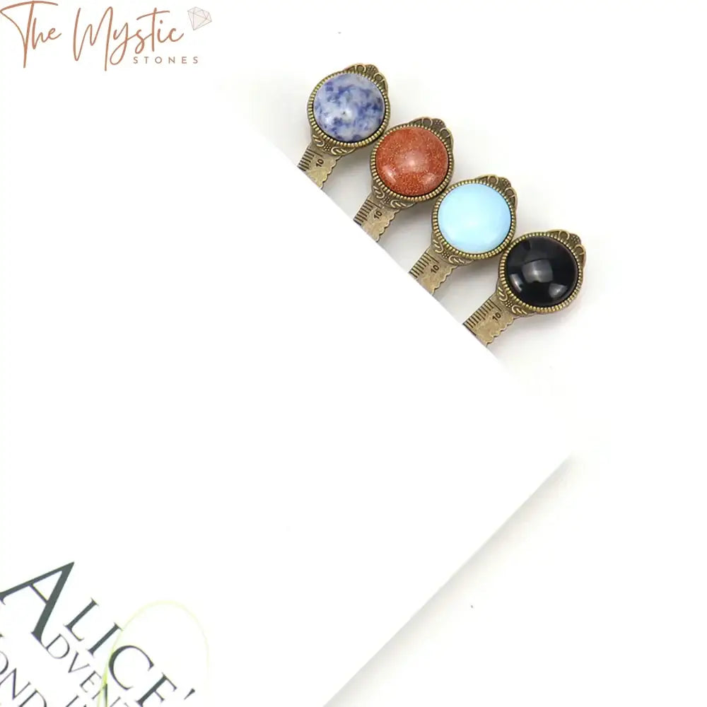 Retro Gemstone Metal Bookmark - Tiger Eye & Rose Quartz