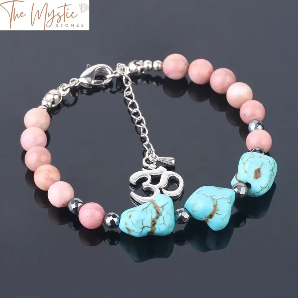 A collection of beaded bracelets featuring 6mm rhodonite stones, blue turquoise charm beads, and a resizable bangle design.