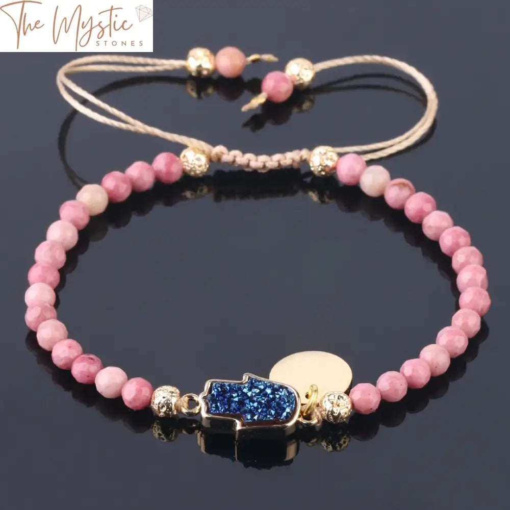 Rhodonite & Druzy Quartz Weave Bracelet With Gold Tag