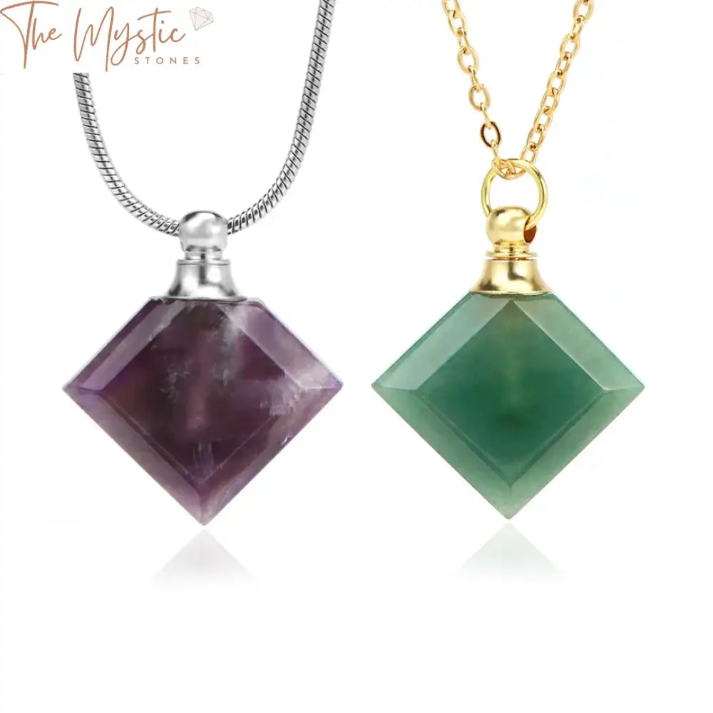 A rhombus-shaped crystal pendant necklace designed as a natural stone perfume bottle.