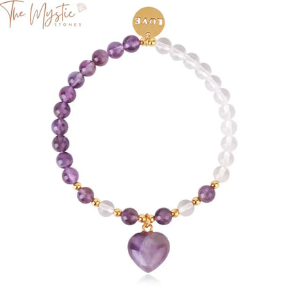 A 6mm rock crystal bracelet featuring natural stone quartz beads and a gold-colored charm with the word "LOVE.