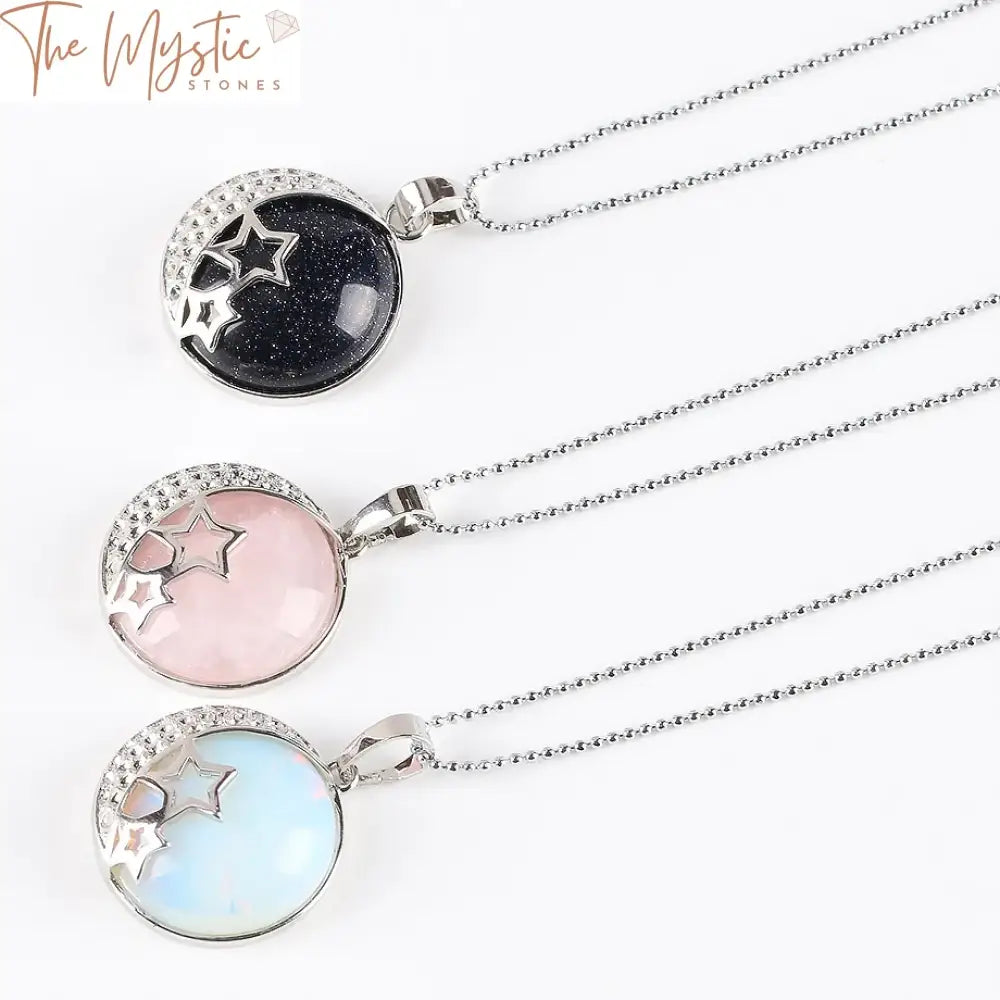 A pendant necklace featuring a semi-precious natural stone, likely rose quartz, with soft pink hues.