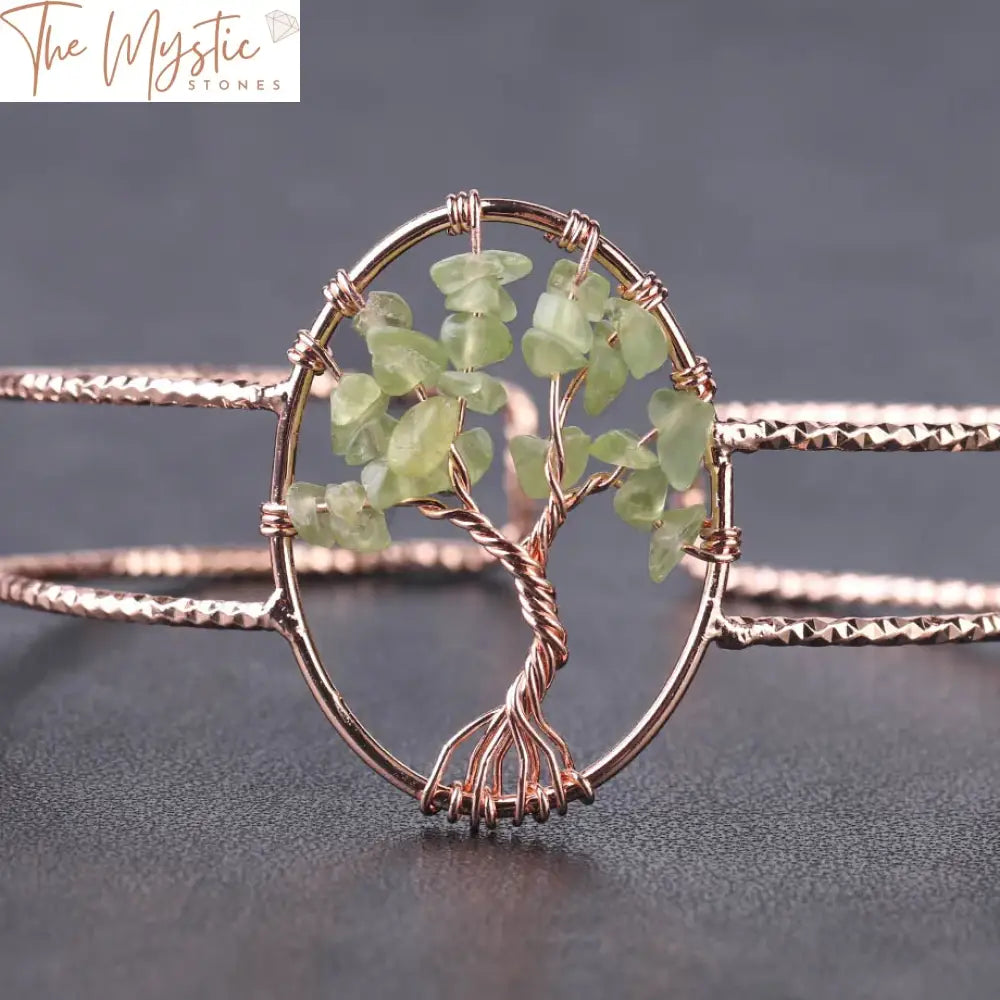 Rose Gold Natural Stone Oval Cuff Bracelet With Tree Of Life Charm