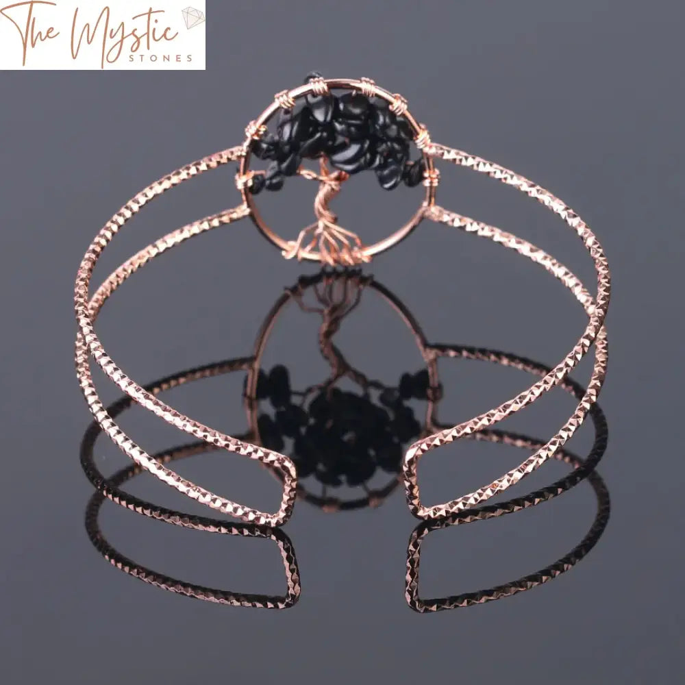 Rose Gold Natural Stone Oval Cuff Bracelet With Tree Of Life Charm