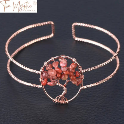 Rose Gold Natural Stone Oval Cuff Bracelet With Tree Of Life Charm