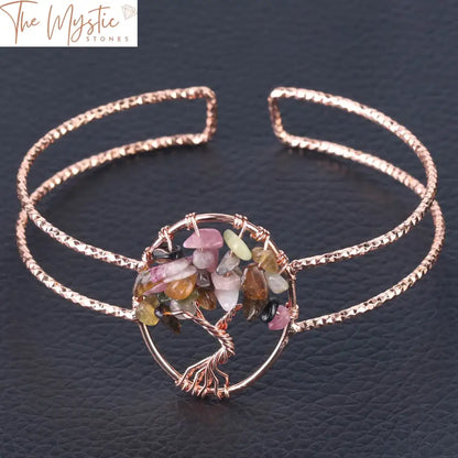 Rose Gold Natural Stone Oval Cuff Bracelet With Tree Of Life Charm