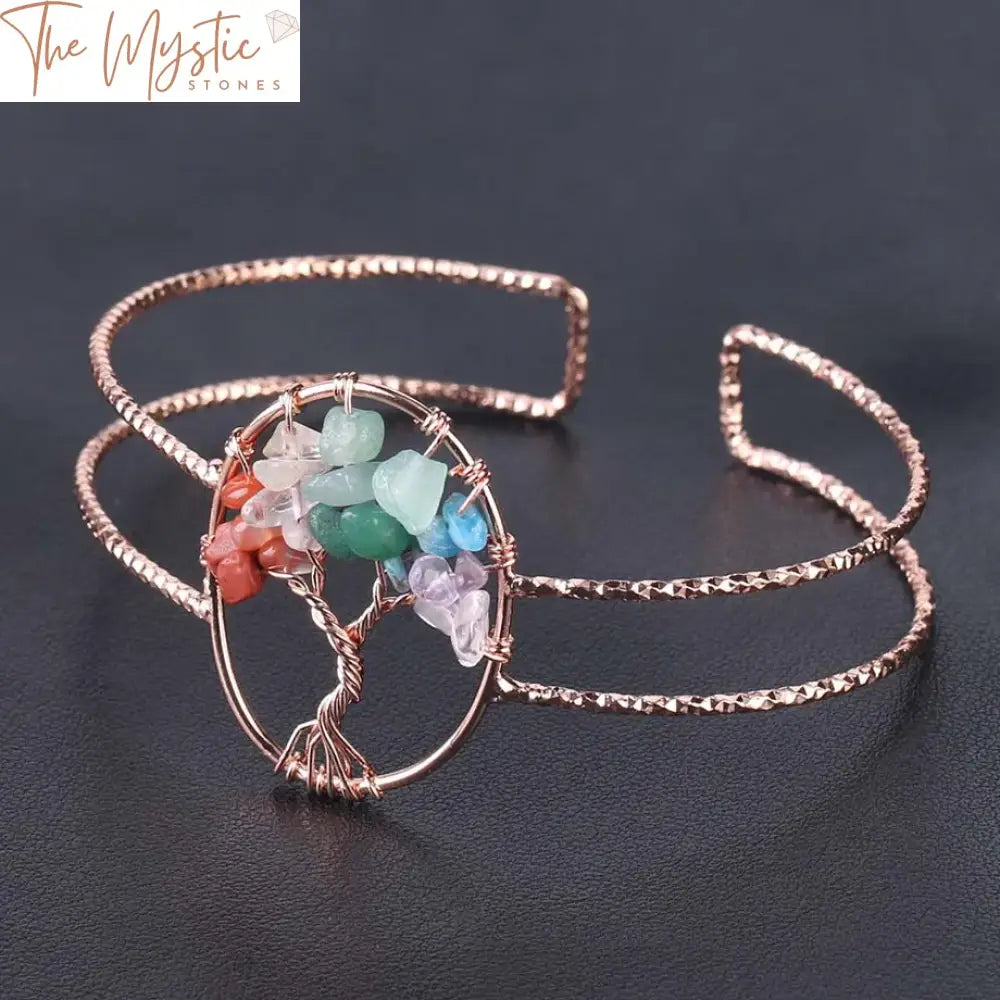 Rose Gold Natural Stone Oval Cuff Bracelet With Tree Of Life Charm