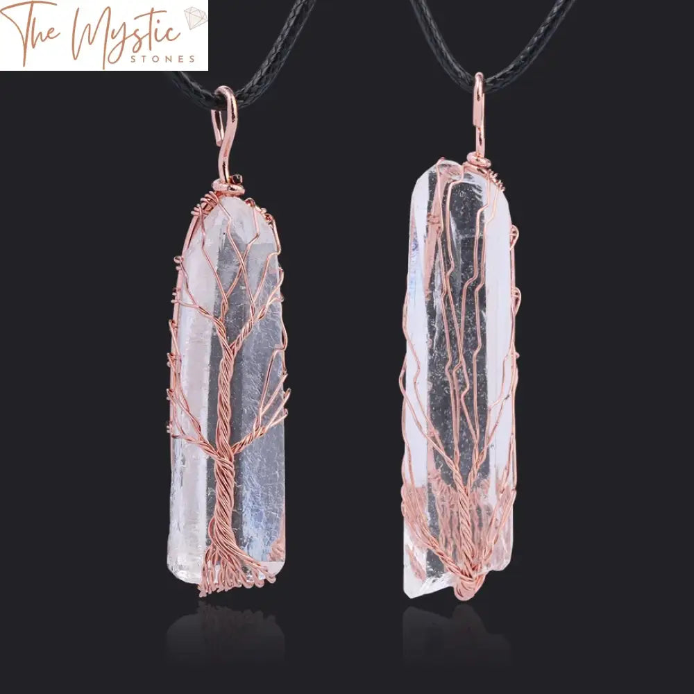 A collection of Natural Stone Quartz Necklaces featuring Tree of Life pendants.