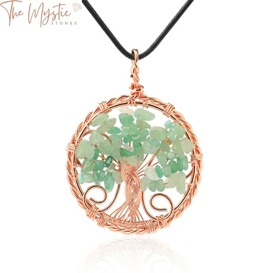 A collection of Tree of Life pendant necklaces featuring natural stone beads in a rose gold-colored wire wrap design.