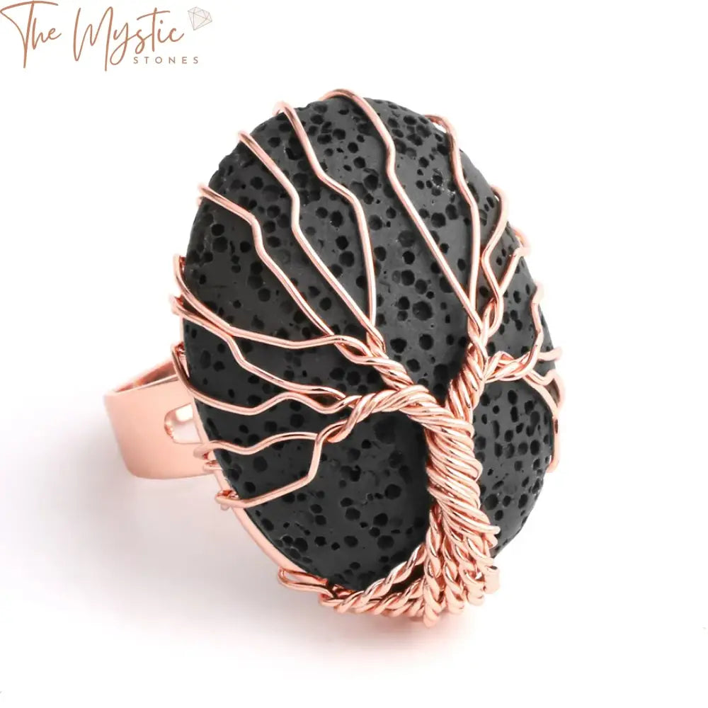 Rose Gold Tree Of Life Wire-Wrapped Lava Stone Ring