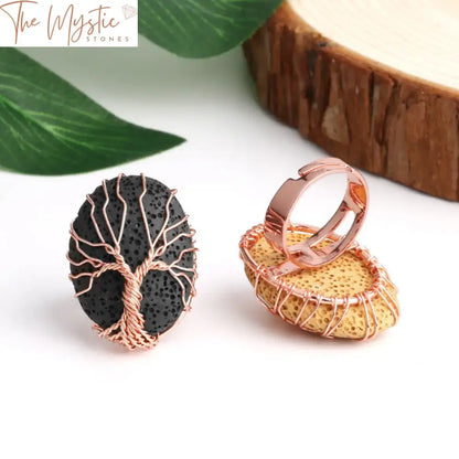 Rose Gold Tree Of Life Wire-Wrapped Lava Stone Ring