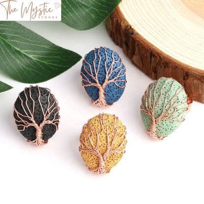 Rose Gold Tree Of Life Wire-Wrapped Lava Stone Ring