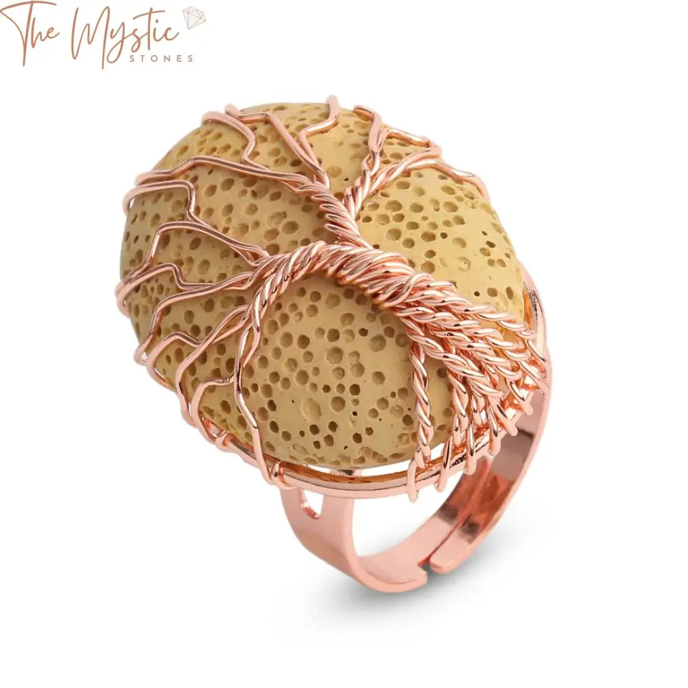 Rose Gold Tree Of Life Wire-Wrapped Lava Stone Ring