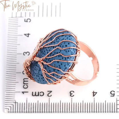 Rose Gold Tree Of Life Wire-Wrapped Lava Stone Ring