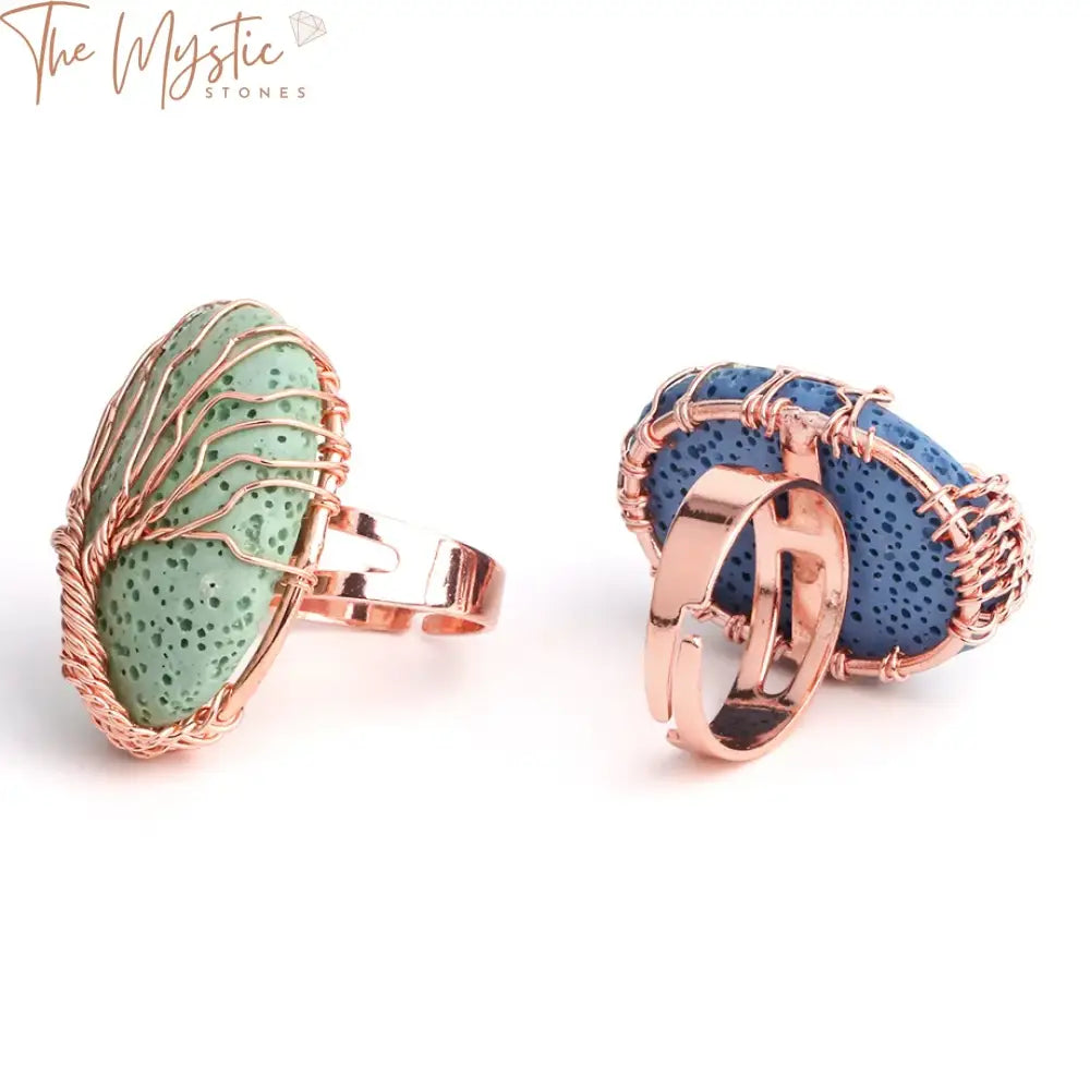 Rose Gold Tree Of Life Wire-Wrapped Lava Stone Ring