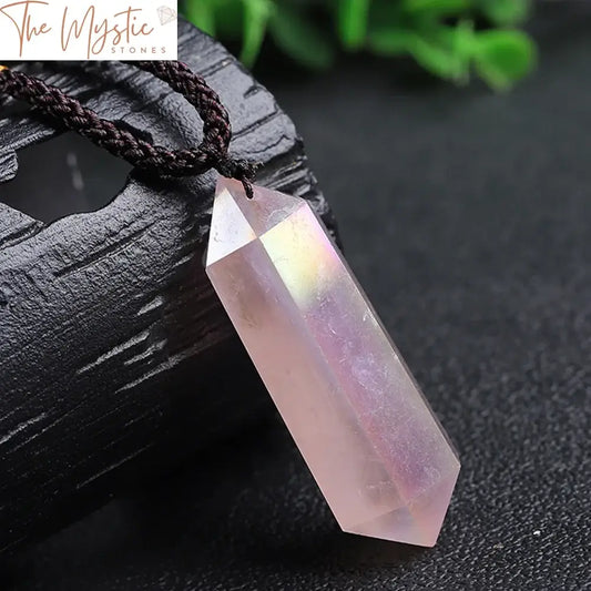 A series of rose quartz crystal points with an electroplated AB color finish, each designed as a pendant.