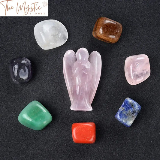 A collection of 8 rose quartz healing crystals and 7 chakra tumbled stones arranged neatly on a soft fabric background.