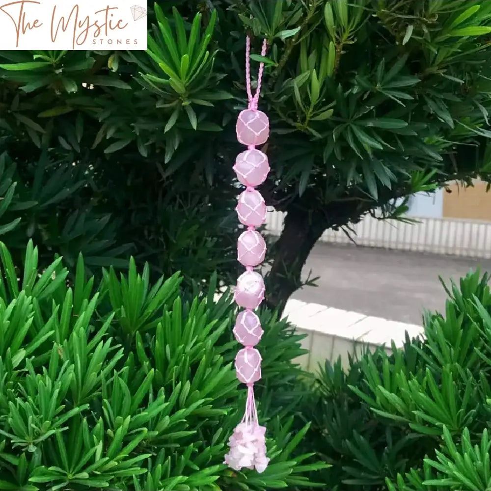 Rose Quartz Crystal Car Ornament With Stone Tassels