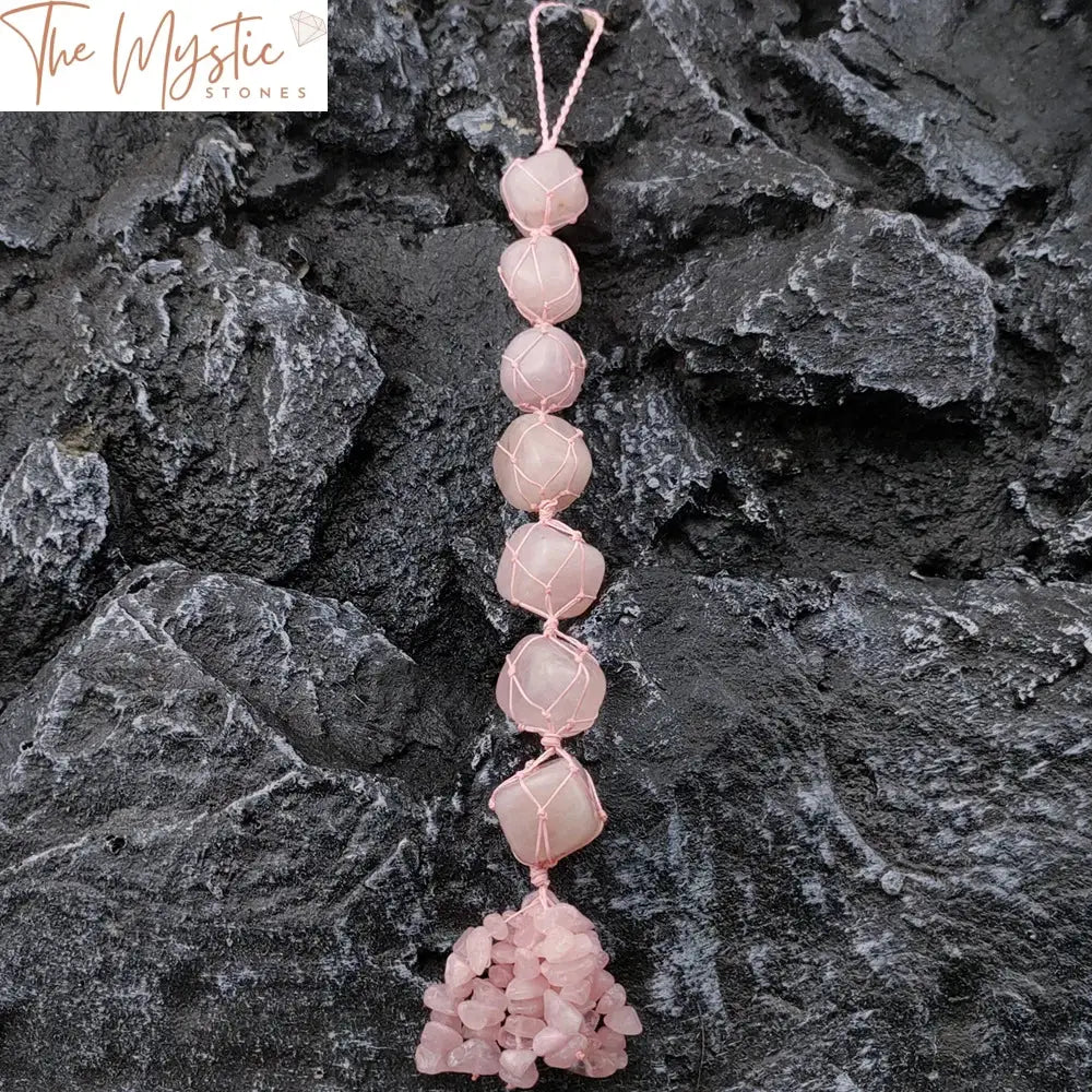 Rose Quartz Crystal Car Ornament With Stone Tassels