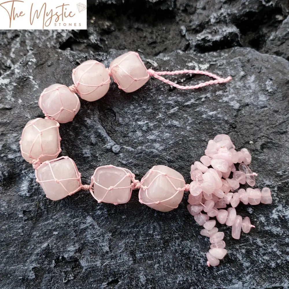 Rose Quartz Crystal Car Ornament With Stone Tassels