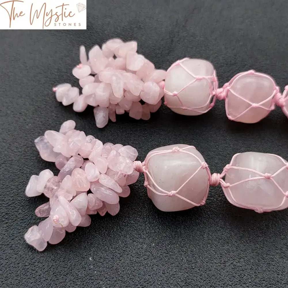 Rose Quartz Crystal Car Ornament With Stone Tassels