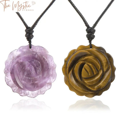 A necklace featuring a hand-carved rose-shaped pendant made from natural healing crystals.